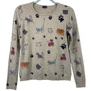 Influx Size Small 38/40 Cat Print Sweater Neutral Long Sleeve Crew Neck Knit